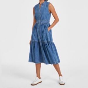 Sleeveless XL Blue Denim Tiered Midi Dress